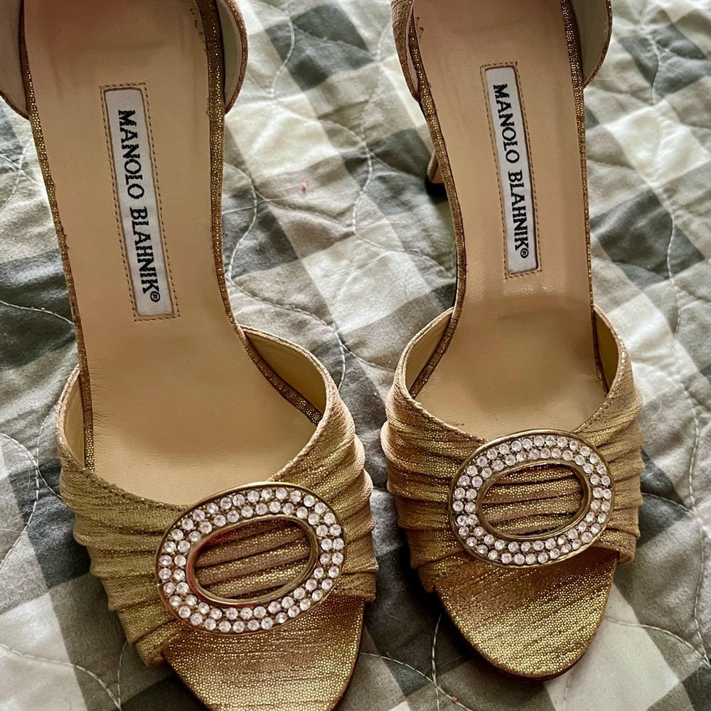 Manolo Blahnik Gold Heels with Crystal Embellishment